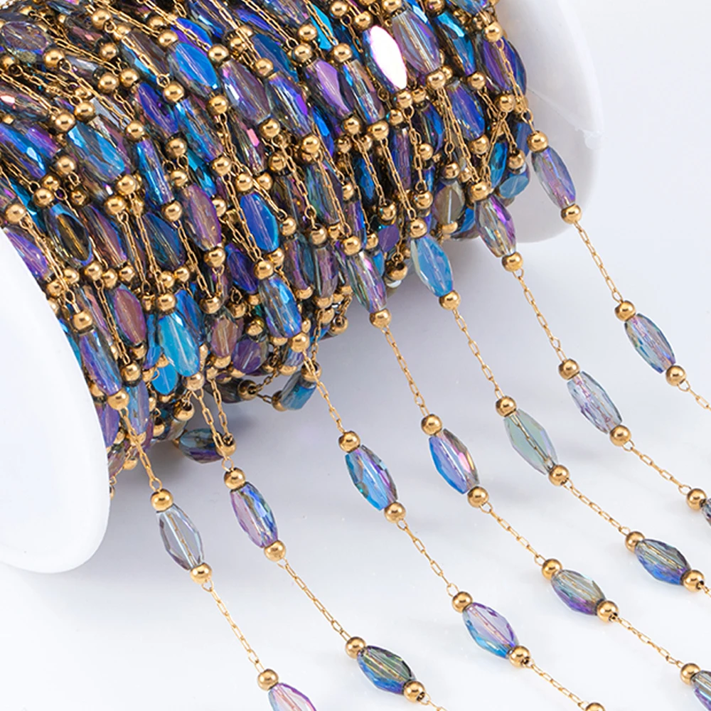 2 Meter 1 Meter Edelstahlkette glänzende blaue Steinperlen Perlenketten für Halskette Armband Schmuckherstellung DIY Zubehör