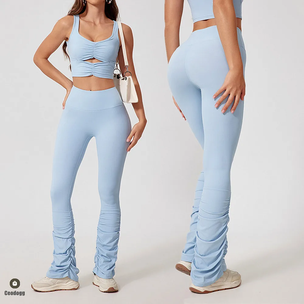 Yoga Set Women Sportswear Workout Pant Gym Mini Flare Legging Fitness Bra Crop Top Sports Suits Athletic Active Wear XP01 2PCS yoga set,sports set,gym workout set,sportswear set,fitness set,sports bra set,yoga pants set