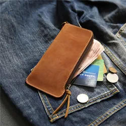 100% Genuine Leather Wallet For Men Male Real Cowhide Vintage Handmade Long Slim Zipper Clutch Men's Purse Card Holder Phone Bag