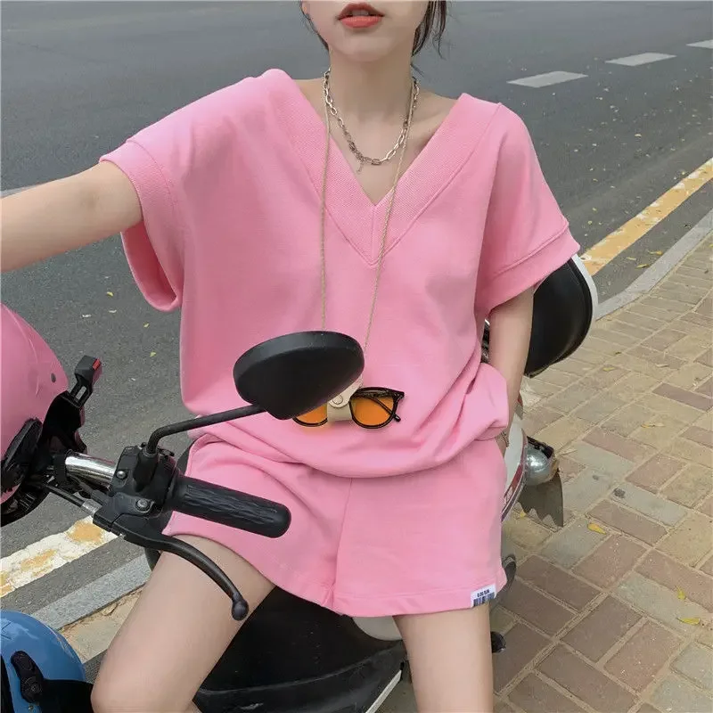 DAYIFUN-Pink Matching Sets for Women V-neck Top and Shorts Back Strap Loose Design Feel Suits Summer Clothing New 2024 2 Pcs Set