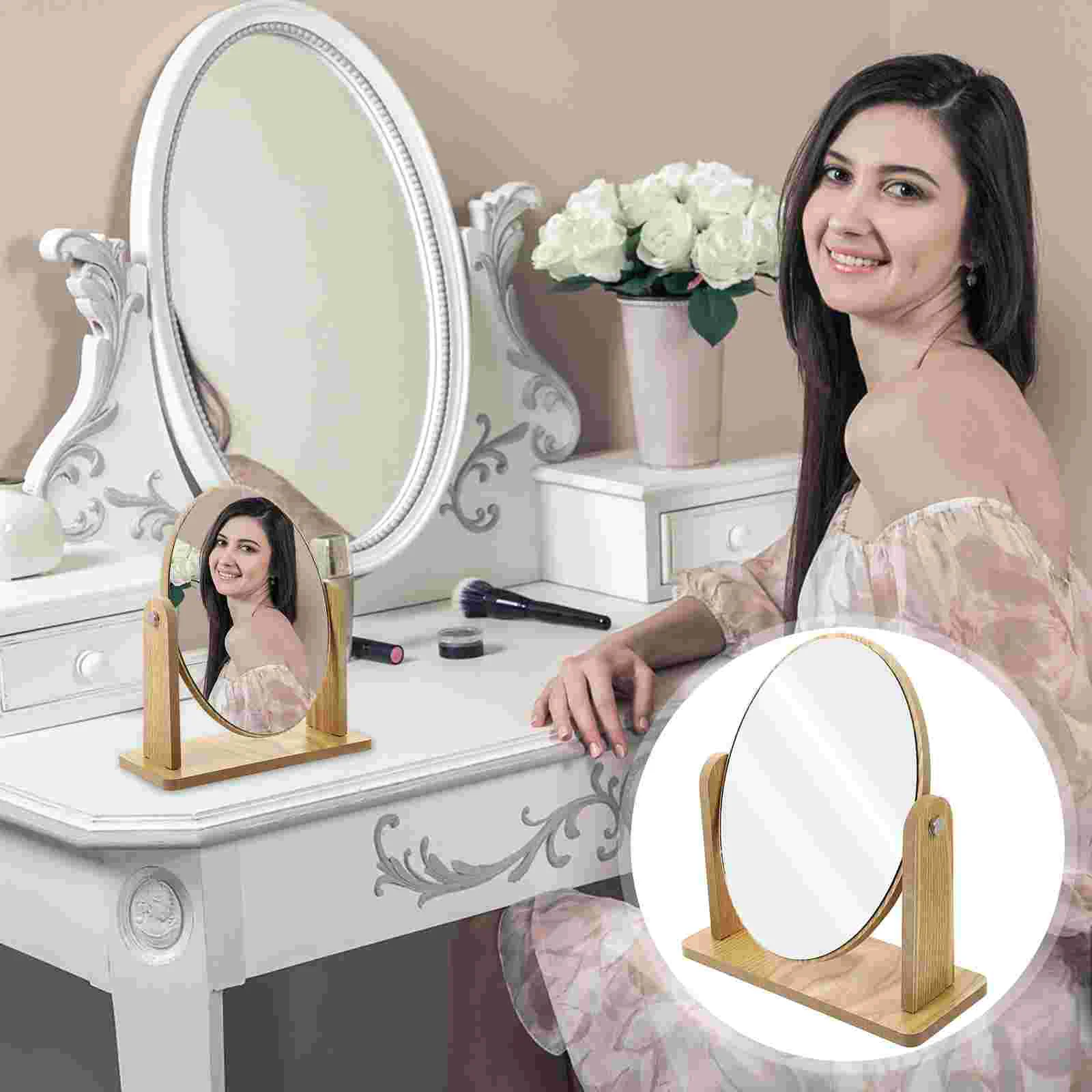 

Wood Creative Oval Makeup Mirror Swivel Tabletop Dresser Mirror with Stand Mirrors for bathrooms
