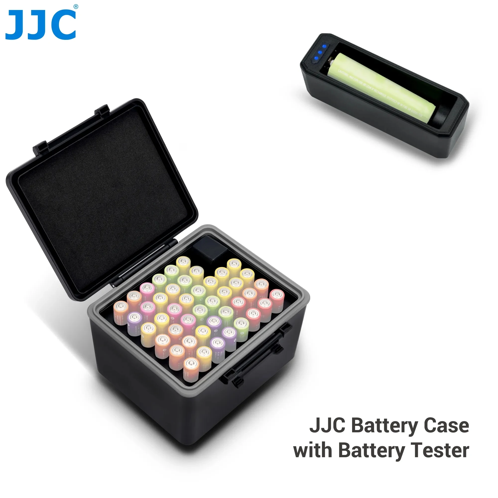 JJC 44 Slots Battery Case with Battery Tester for AA/AAA batteries Weterproof Hard Shell Battery Box Organizer for 18650 battery