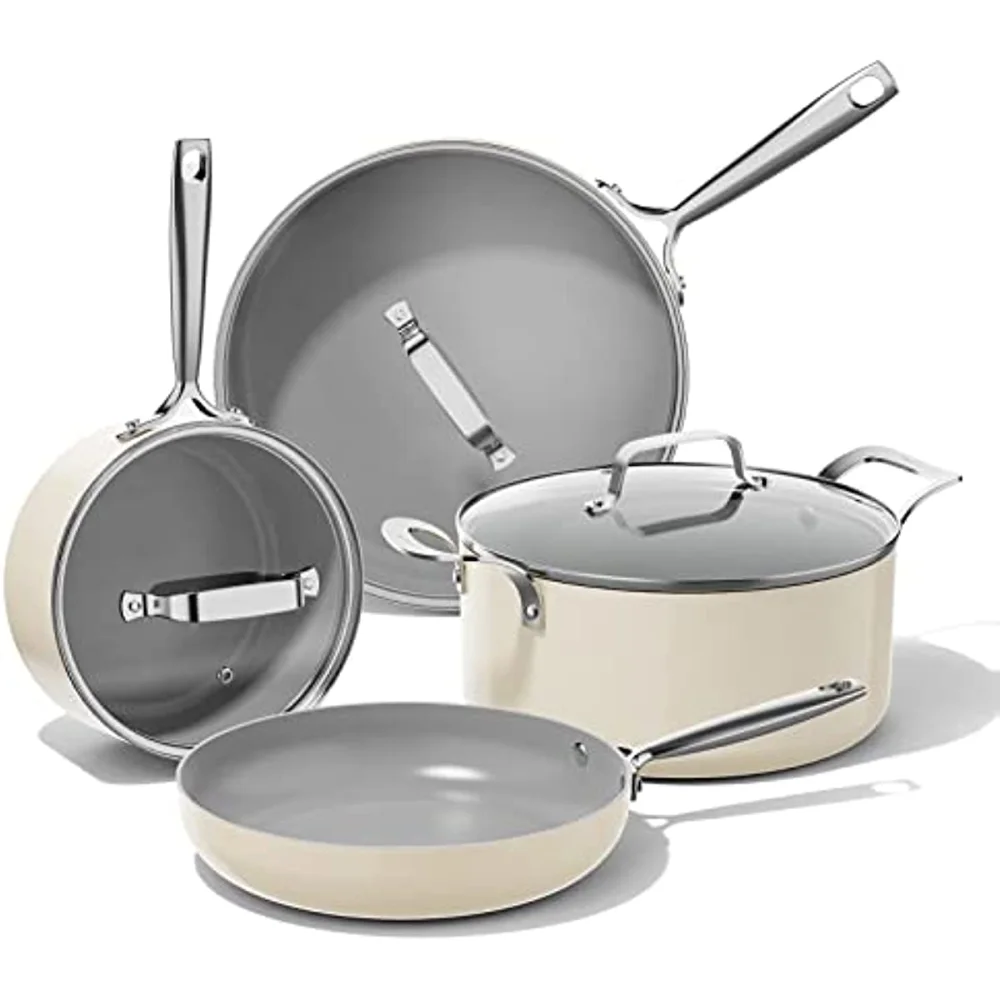 

Ceramic Cookware Set, White Pots and Pans Set Nonstick,7 PCS Kitchen Induction Sets, PTFE & PFOA Free, Oven Safe