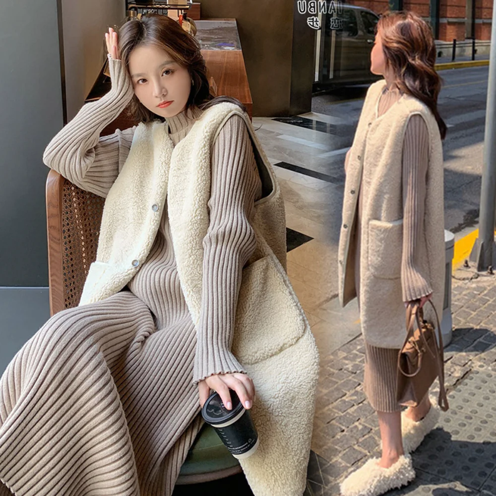 Autumn Maternity Clothing Set Slim Fashionable pregnancy photoshoot Dress Knitting Long Sleeve Korean vest Two Piece Set