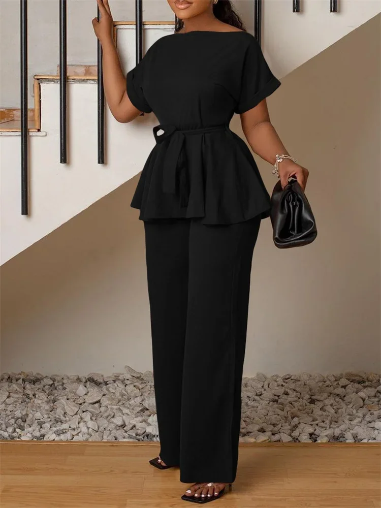 Wmstar Two Piece Set Women S-3XL Summer Solid Short Sleeve Top  Wide Leg Pants Tracksuits Wholesale Drop Shipping with Bandage