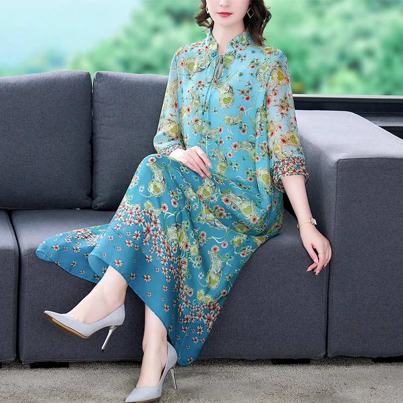 

Новинка 2023, шелковое платье в китайском стиле с принтом, женское летнее универсальное свободное Повседневное платье с рукавом 5/4, праздничное платье