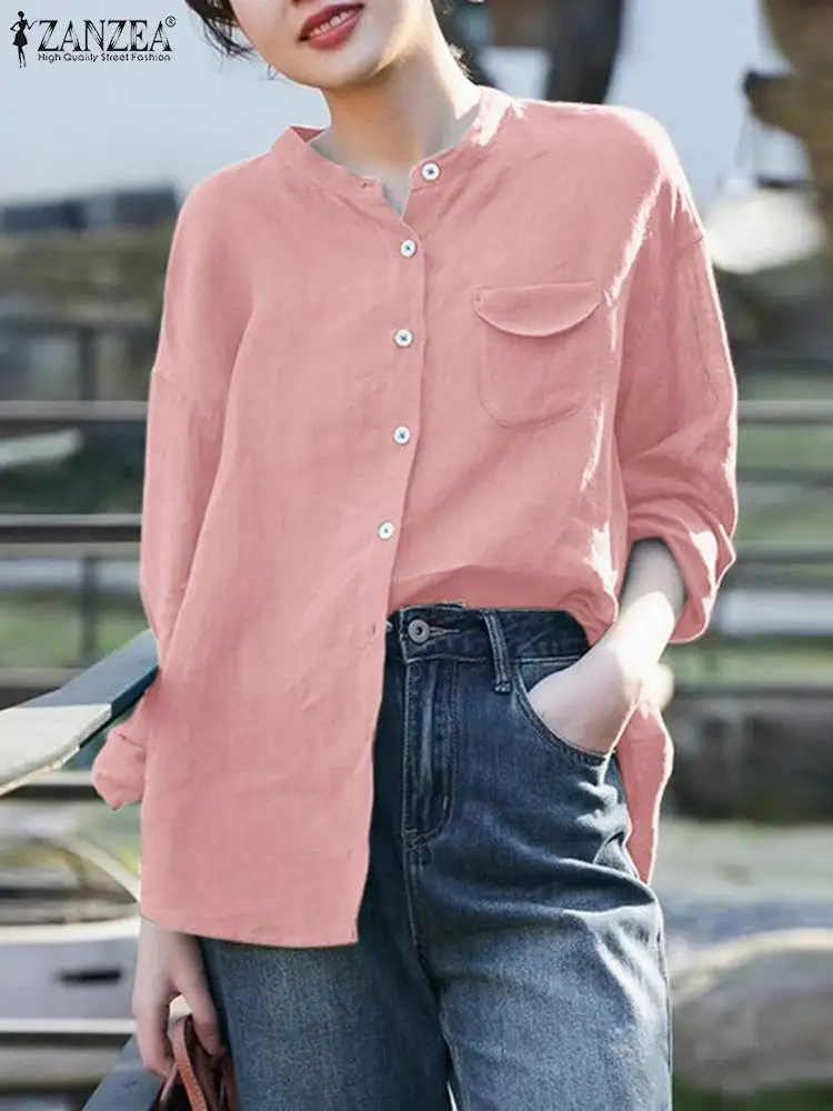 

ZANZEA Women Long Sleeve Shirt Fashion Solid Cotton O-neck Tops Casual Loose Buttons Blouse 2024 Spring Holiday Pocket Tunics