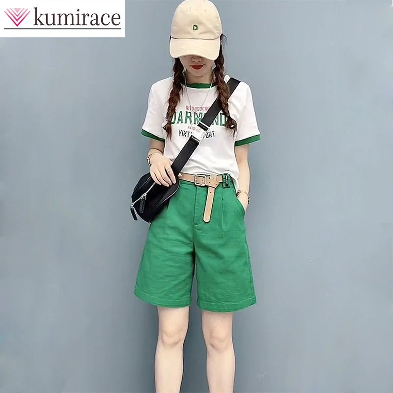 2023 Korean Version of Pure Cotton Short-sleeved T-shirt Set with Female Letter-printed Casual Top and Shorts Y2k Two Piece Set