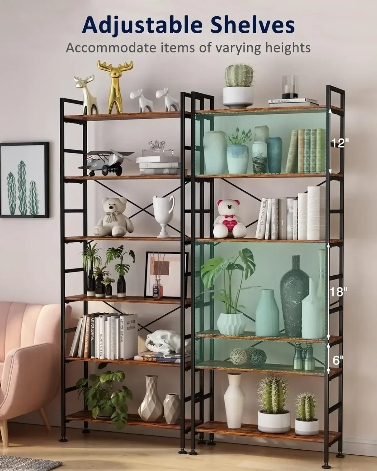 New2025-6-Tier Adjustable Tall Bookcase, Rustic Wood and Metal Standing Bookshelf, Industrial Vintage Book Shelf Unit, Open Back