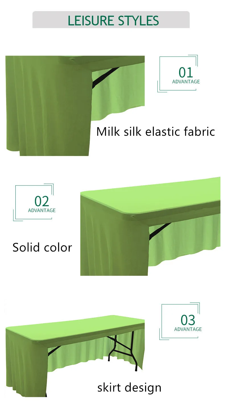 Description Picture 3 of itemSolid Elastic Spandex Tablecloth Hotel Banquet Wedding Exhibition Decor Skirt Table Cover 4/5/6/8FT Stretch Fabric Milk Silk