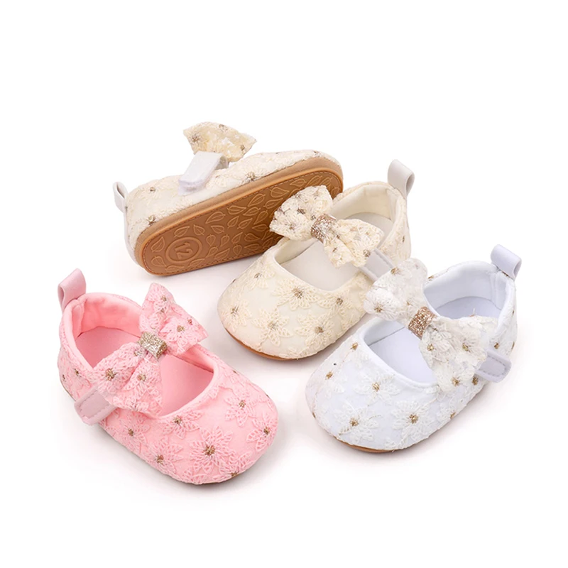 Newborn Baby Girls Mary Jane Flats Cute Bowknot Wedding Dress Shoes Non-Slip First Walkers Embroidery Flower Soft Shoes 2