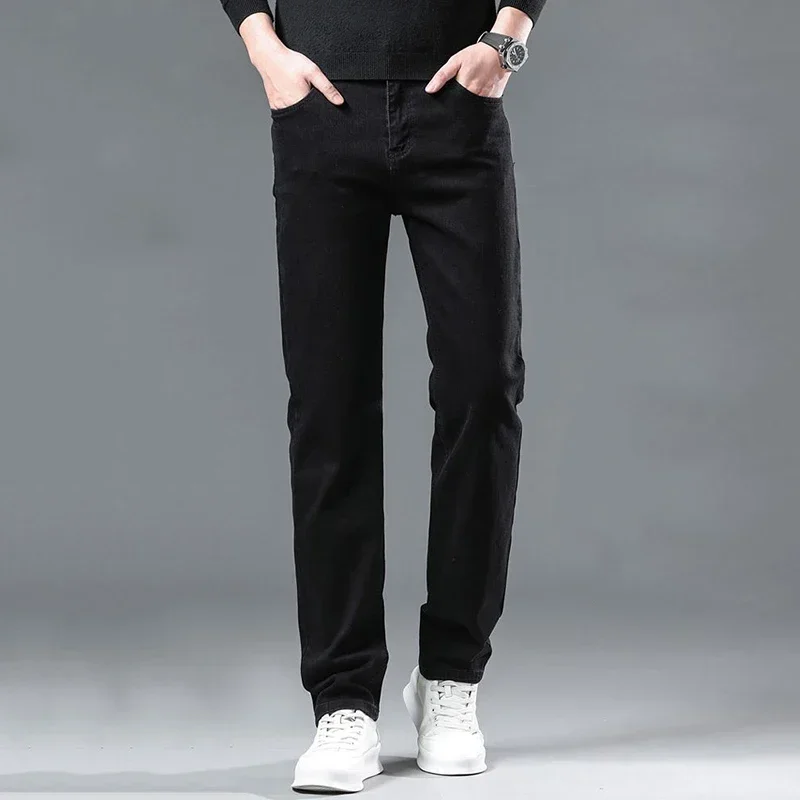 Fashion Men Straight Leg Jeans Man's Casual Black Streetwear Denim Trousers Male Cool Solid Simple Slim Fit Cheap Denim Pants 4