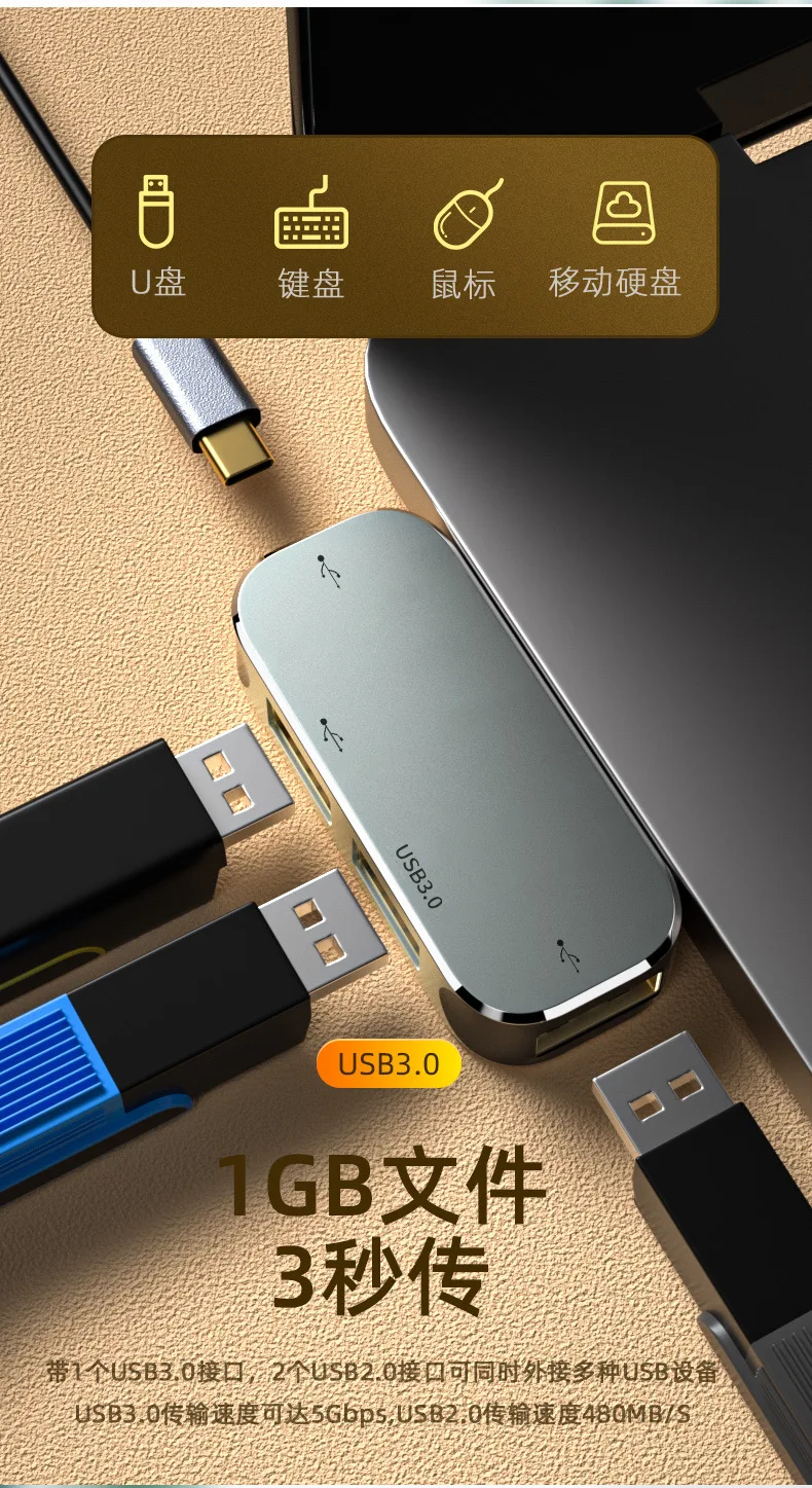 Typ C Docking station geeignet für Huawei Apple Thunderbolt 4 5-in-1 USB-Schnitts telle HD 4k Docking station Typ C bis 3 a1c USB-Hub – Detail 3