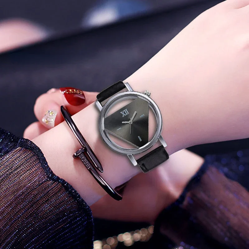 

Fashion Watch Triangular Unique Hollowed Dial Casual Simple Quartz WristWatches Blue Leather Ladies Horloge Women Watches