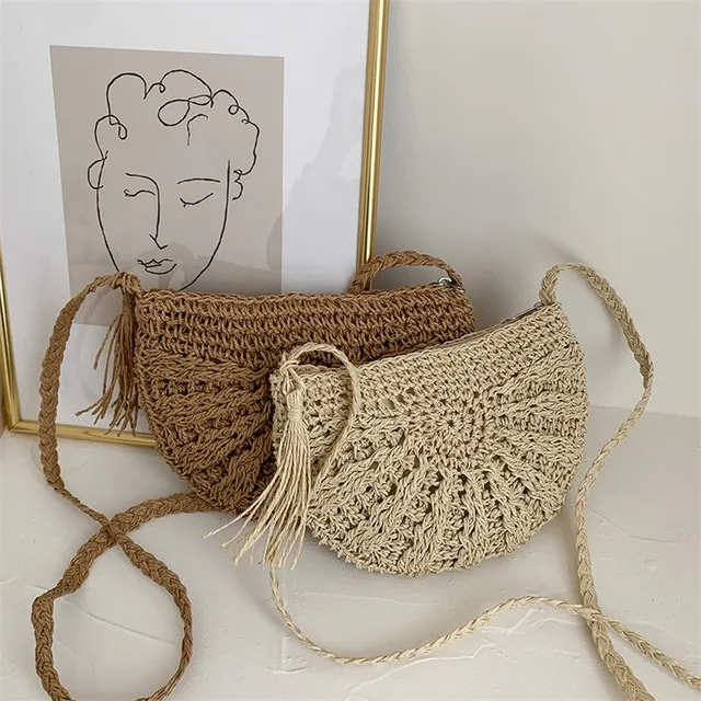 Half Moon Woven Crossbody Bag - Bohemian Handmade Straw Crescent