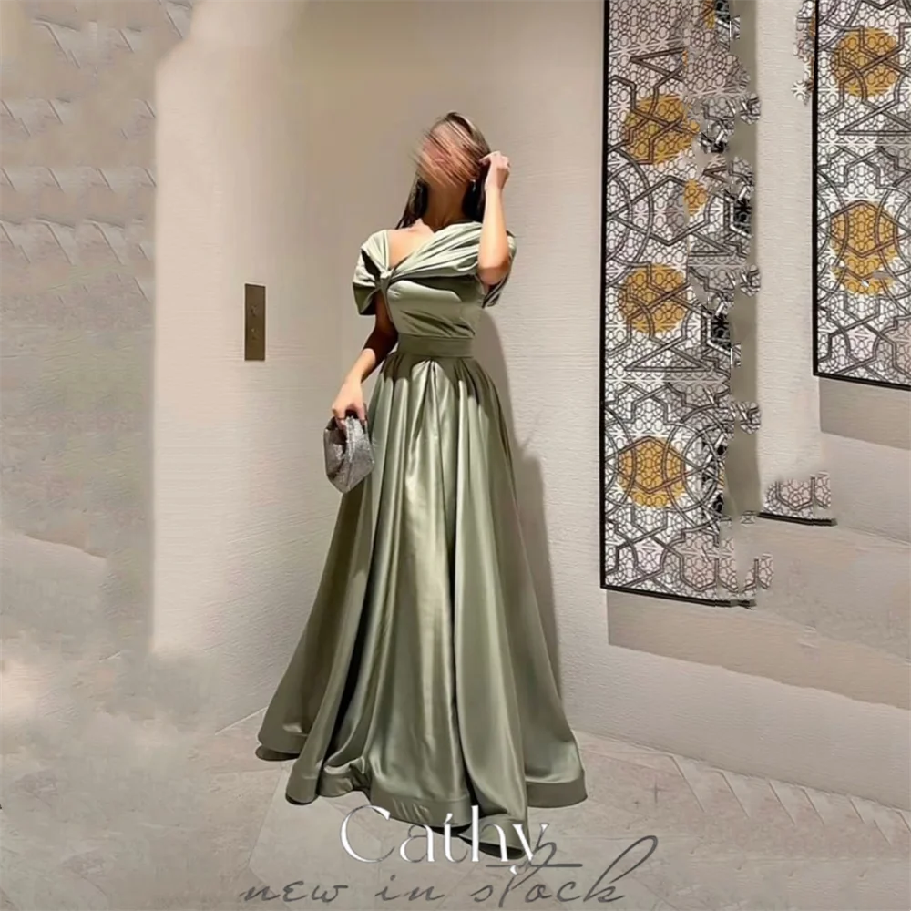 

Cathy Exquisite Off Shoulder Vestidos De Noche Sexy A-line Satin Prom Dress 2023 Matcha Green Floor Lenght فساتين السهرة