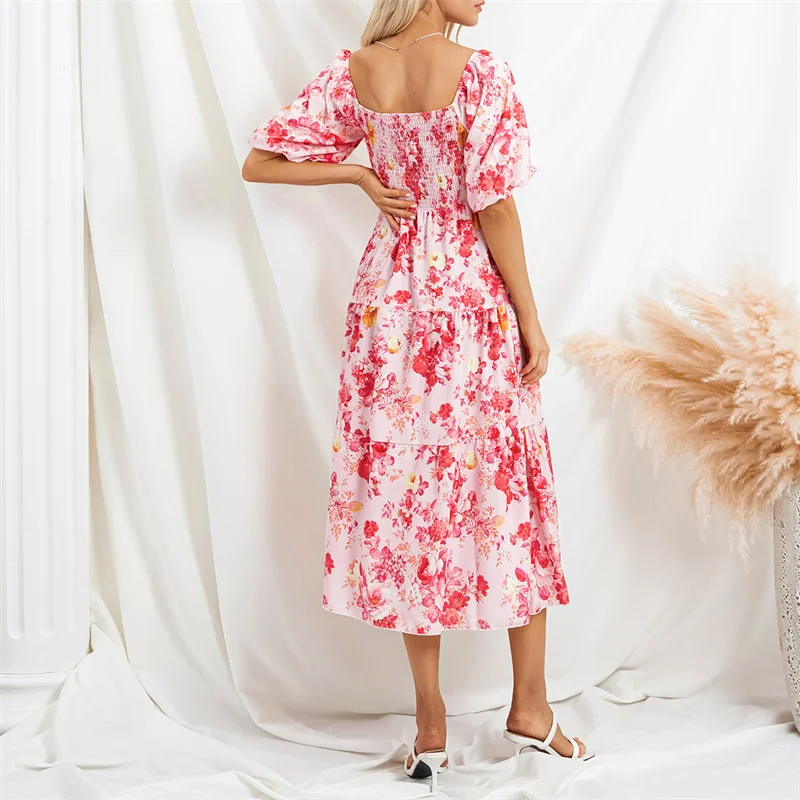 

Musuos Summer Casual Beach Floral Print Cutout Midi Dress Women Elastic Waist Short Sleeve Ruched Back Party Dresses Holiday