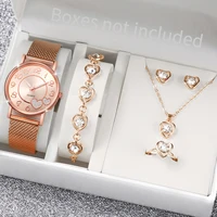 5PCS/Set Women Watches Diamond Jewelry Set Fashion Heart Dial Plastic Band Female Quartz Wristwatch（Without Box） 1