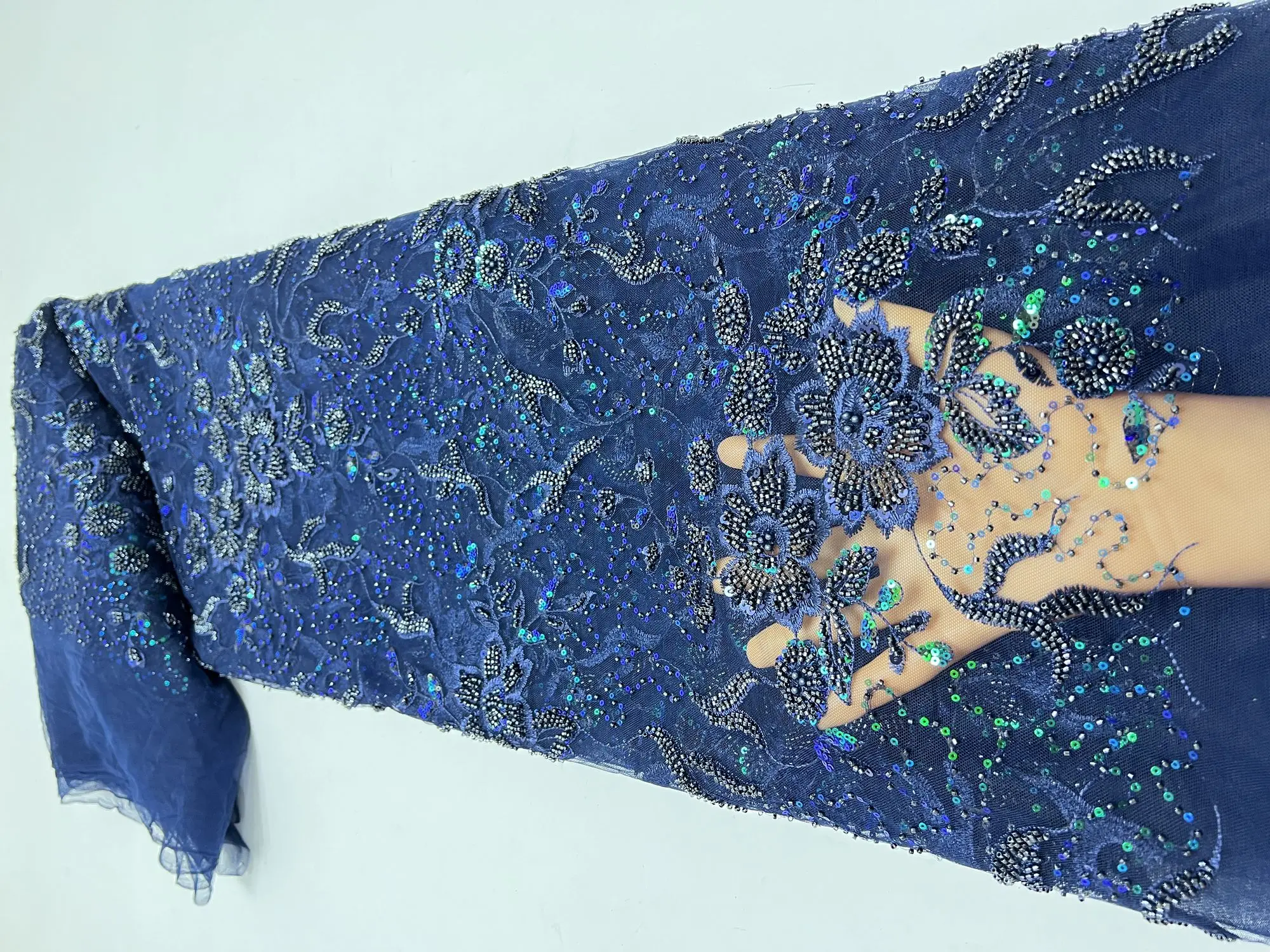 

Embroidery African Handmade Beaded Lace Fabric 5 Yards 2022 High Quality French Tulle Nigerian Lace Fabric For DIY