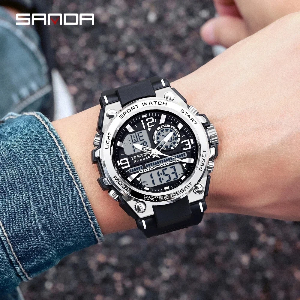 Top Brand Men Watch SANDA Luminous Dual Time Display Digital Watches Shockproof Stopwatch Clock Man Sport Wateprroof Wristwatch