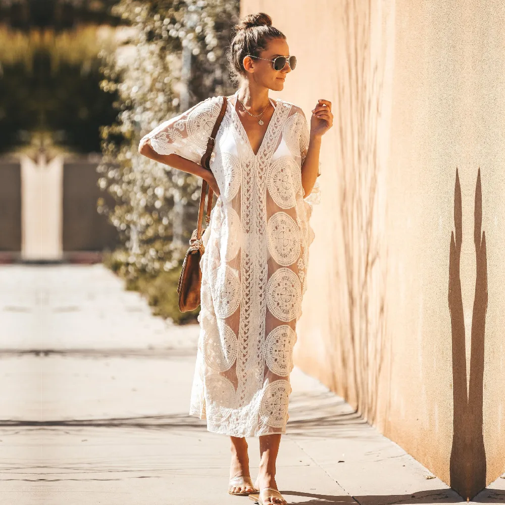 

Women Lace Beach Dress #Q880 2023 Kaftan Beach Pareo Beachwear Swim suit Cover up Playa Pareo Tunics for Beach Tunic Swimwear