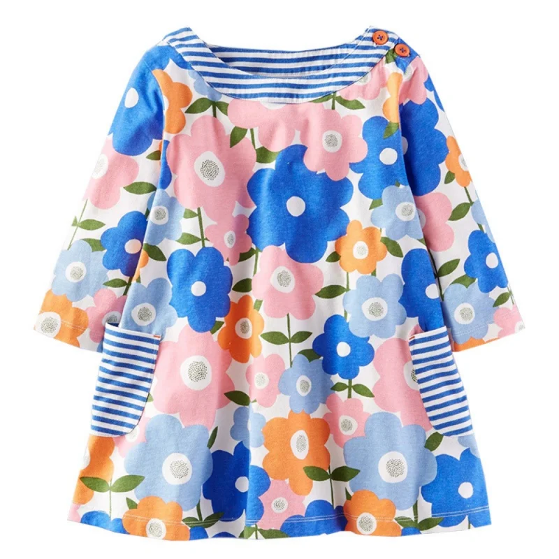 

2022 New Spring Autumn Knitted Cotton Printed Princess Dress A-line Flowers Cute Children Shirt l Children Clothing Grid Dress