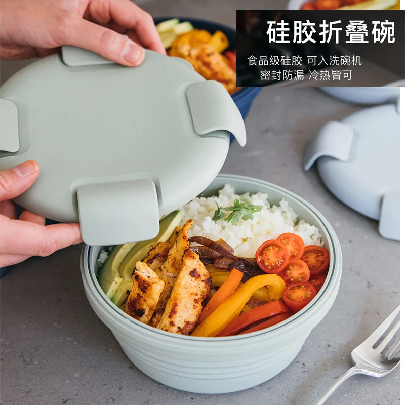 1100ml Silicone Folding Lunch Box Travel Bowl Portable Retractable Instant Noodles Lunch Box Crisper Outdoor Picnic Lunch Box