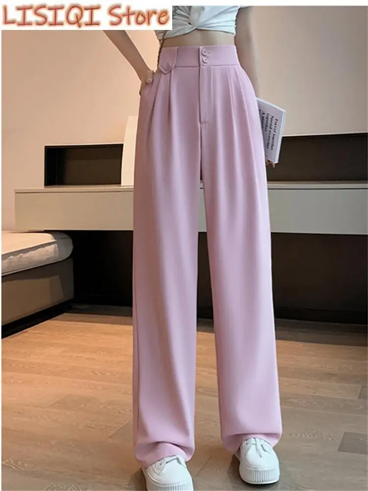 New White High Waisted Pants for Women Spring Korean Fashion Button Up Wide Leg Pants Office Ladies Casual Pants