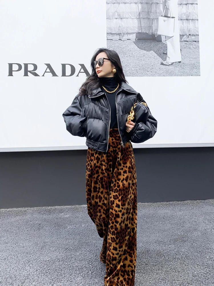 Vintage Leopard Print Gold Velvet Trousers Female Spring Autumn New Streetwear Loose Women's High Waist Wide-Leg Straight Pants