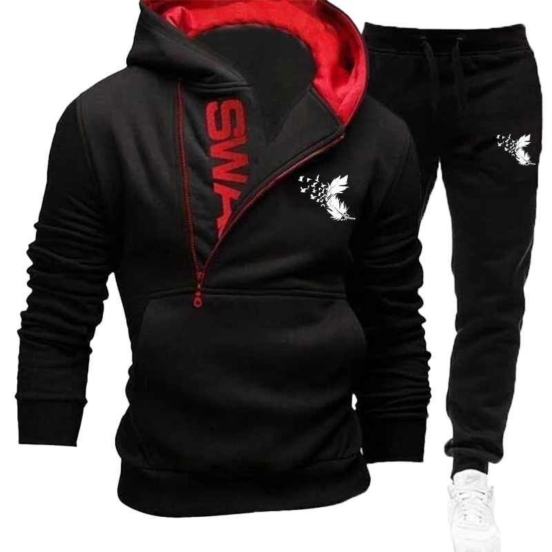 High quality men's printed hooded set fashionable hooded sweater fleece insulation pullover sports pants two-piece set