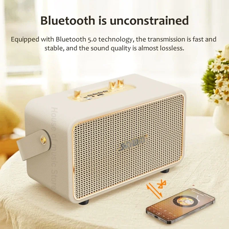 木製のビンテージスピーカー,ワイヤレススピーカー,Bluetooth,マイク