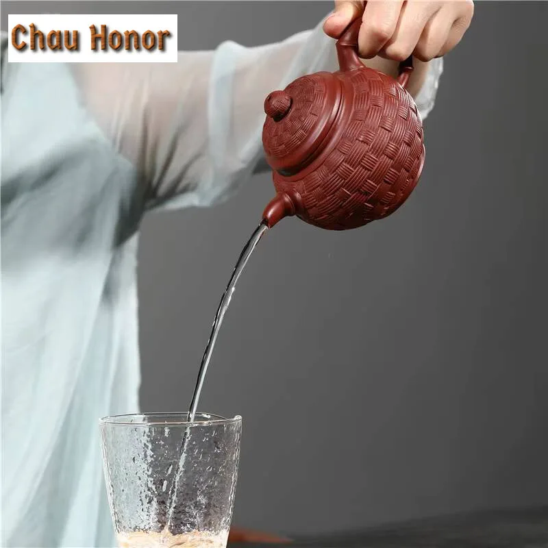 280ml Classic Yixing Zisha Raw Ore Dahongpao Bamboo Woven Teapot Handmade Household Kung Fu Teaset Tea Ceremony Accessories Gift