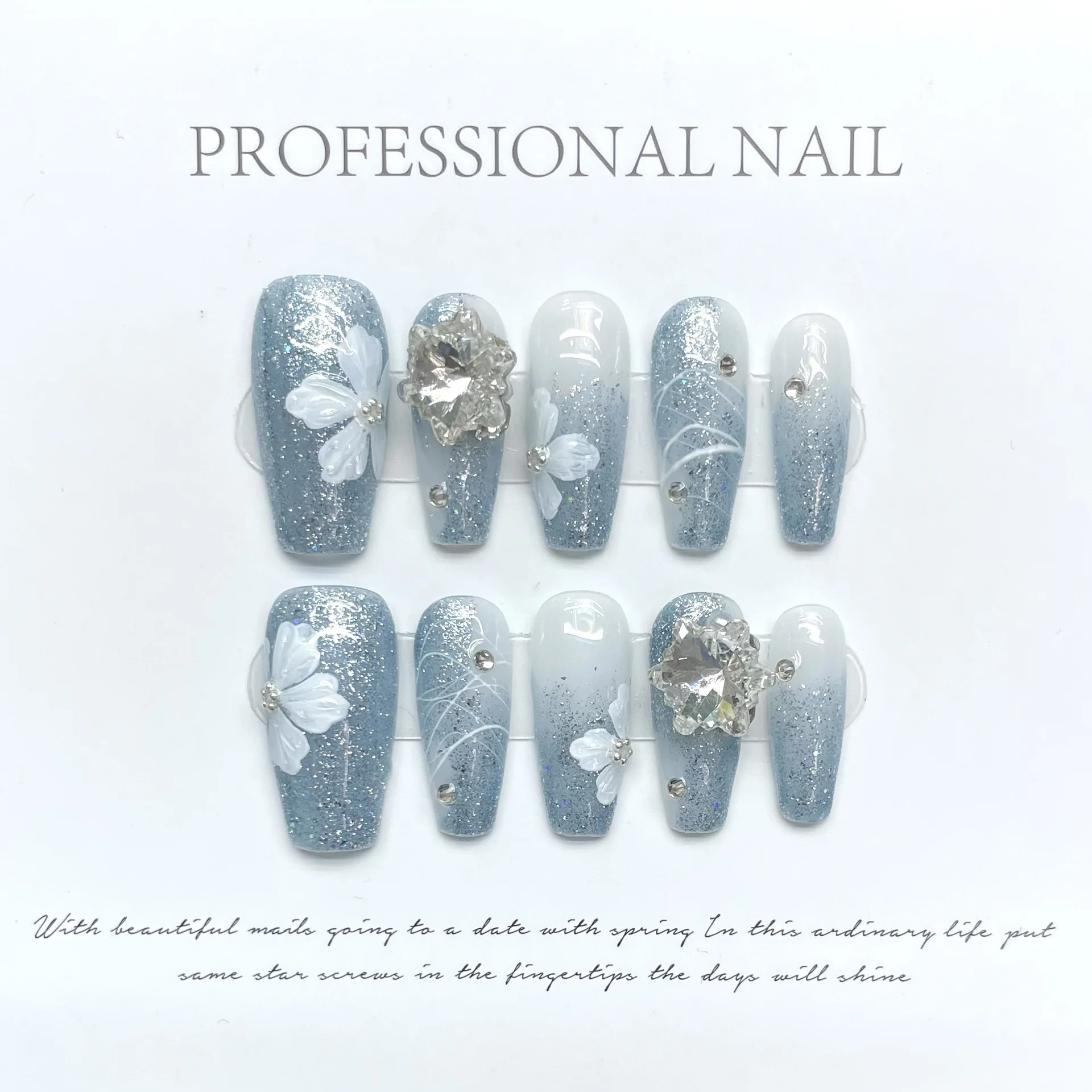 Blue And White Press On Nails Handmade-Blue-Press-on-Nails-Daisies-Flowers-Design-Reusable-Adhesive