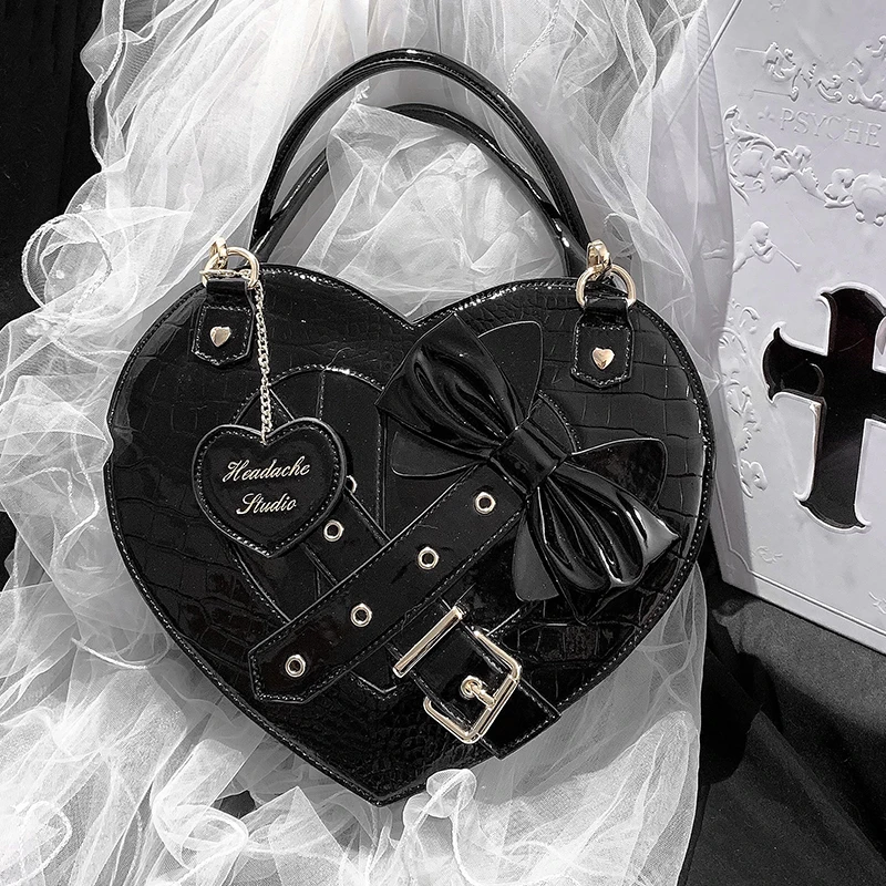 

Original Gyaru Subculture Heart-shaped Gothic Sweet Cool Shoulder Bag Fashion Handbag Messenger Bag Lolita PU Bowknot Bag Kpop