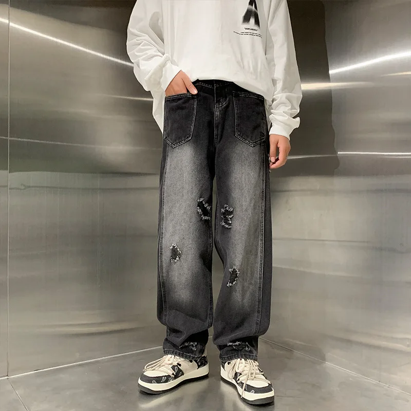 Four Seasons Men's Vintage Straight Wide Leg Casual Denim Trousers Loose Hole Patch Black Jeans Pants Male  Men's Streetwear 5
