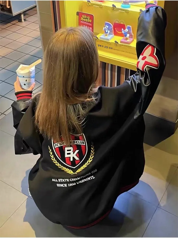 루즈핏 자수 패치워크 컬러 블록 야구 재킷 남성용 가을 트렌디 땀 흡수 지퍼 클로저 스포츠웨어