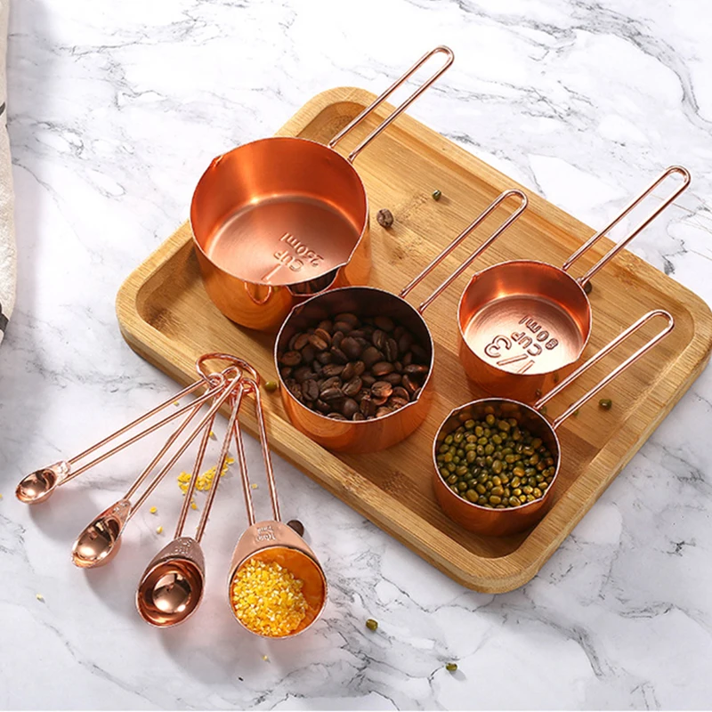 Rose Gold Measuring Spoons Cups Set kitchen measuring spoons measuring spoon set measuring cup and spoon set Retro Baking Measuring Tools With Scale Stainless Steel Kitchen Accessories Gadgets 8pcs/set