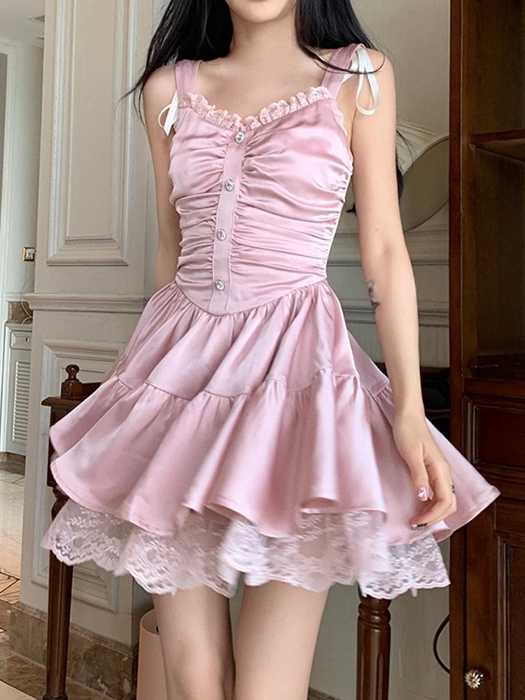 

2023 Summer Lolita Satin Folds Dress Pink Lace Sweet Sexy Women Mini Dress French Y2k Party One Piece Dress Korean Fashion Chic