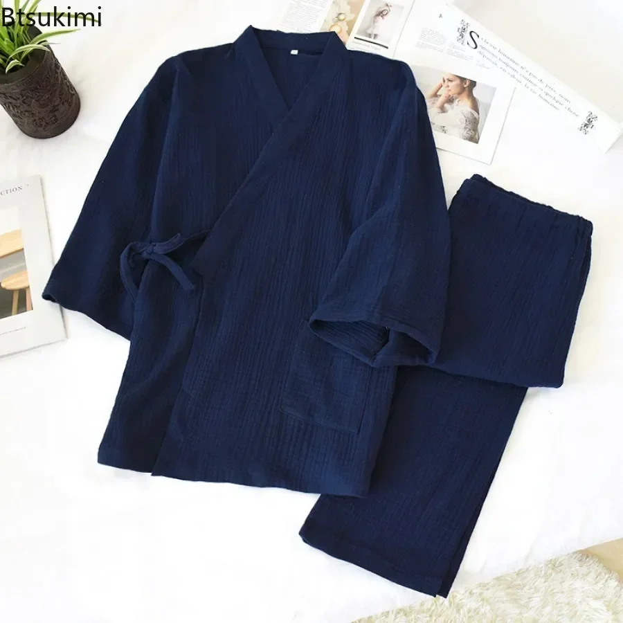 Pajama Sets Japanese Kimono Men's Solid Pajamas Two-pieces Simple Cotton Crepe Cloth Plus Size Lace-up Tops Trousers Home Service Sets