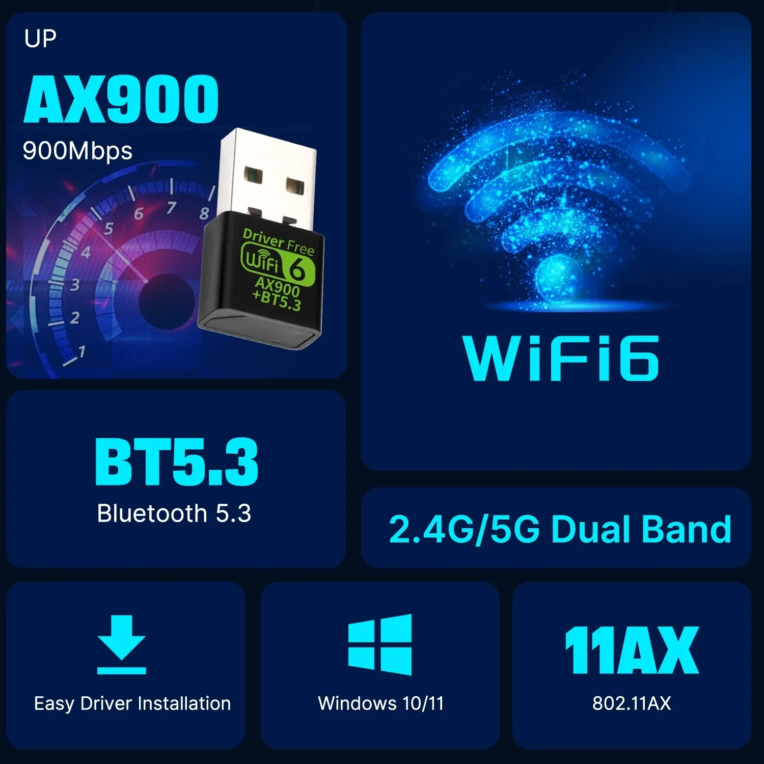 Kebidumei AX900 USB WiFi 6 블루투스 5.3 어댑터 USB 동글 듀얼 밴드 2.4G 및 5GHz WiFi 네트워크 무선 Wlan 수신기 드라이버 무료