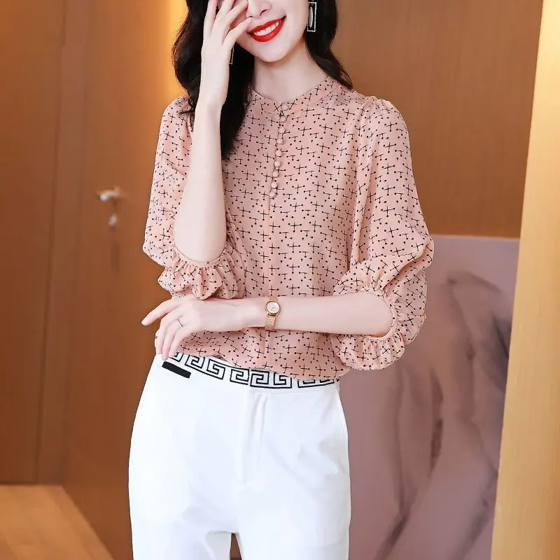 Office Lady Spring Summer Thin Stylish Printed Blouse Women's Clothing 3/4 Sleeve Casual Round Neck Button Loose Chiffon Shirt