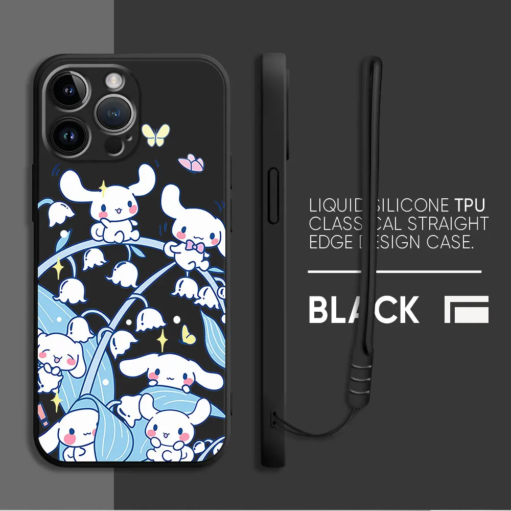 

Case for Apple iPhone X XR 11 Pro 7 8 13 Mini 12 15 Plus SE XS 14 Pro Max Square Liquid Cover Kawaii Sanrio Cinnamoroll