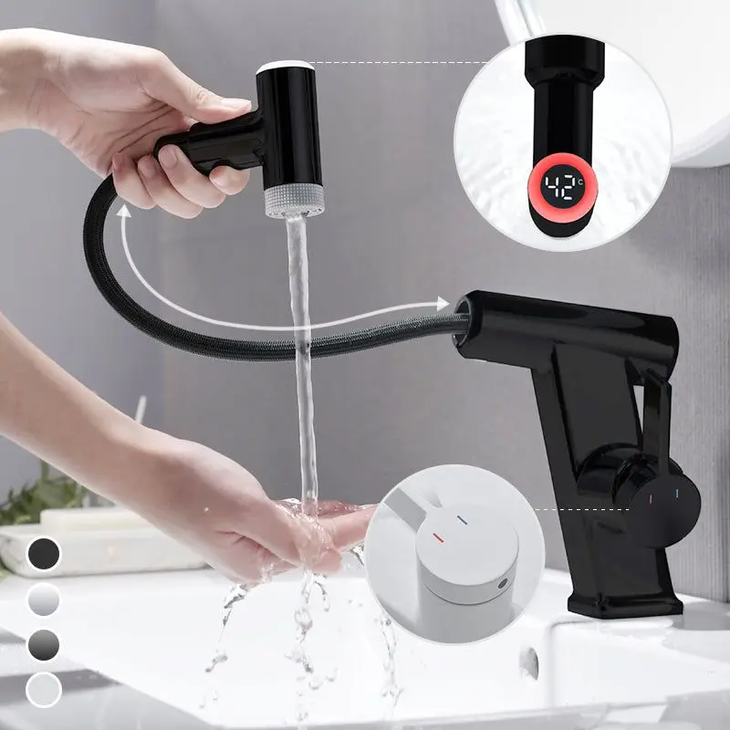 

Smart Digital Display Basin Faucet 3 Function Pull Out Waterfall Spout Deck Mount Cold Hot Water Mixer Liftable Sink Crane Tap