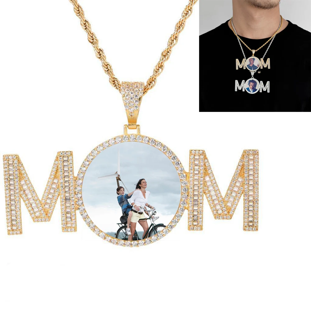 Hip Hop Accessories Round MOM/SON Memory Photo Frame Pendant Micro-Inlay Zircon Creative DIY Picture Necklace For Mother Gift