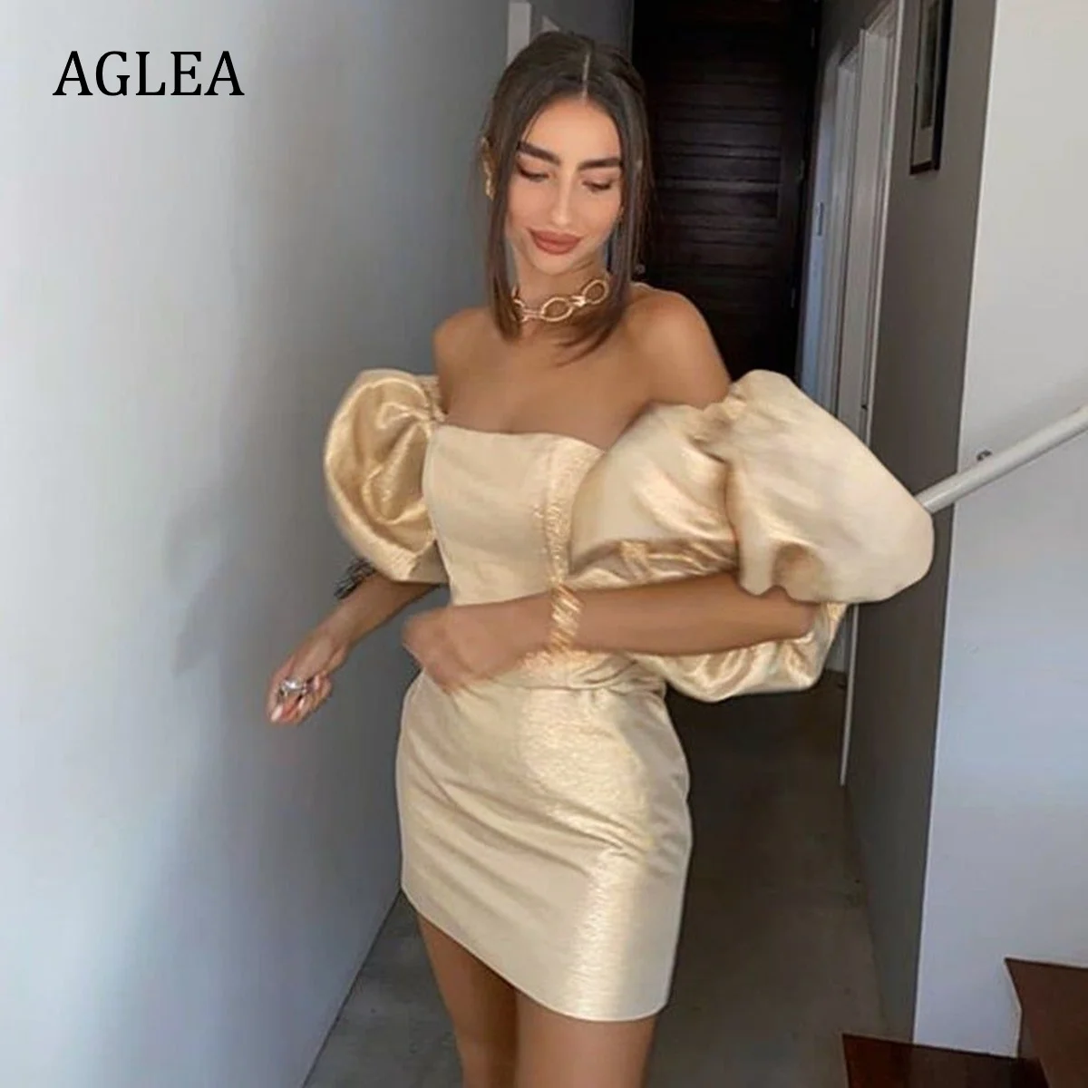 

AGLEA Evening Dresses Formal Occasion Elegant Party Skirt Strapless Sheath Off-the-shoulder Short Sleeves