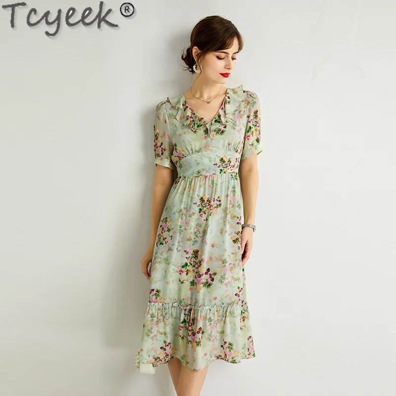 

Tcyeek 100% Mulberry Silk Midi Dresses for Women High-end Summer Clothes Elegant and Pretty Women's Dress Fashion Floral Dress