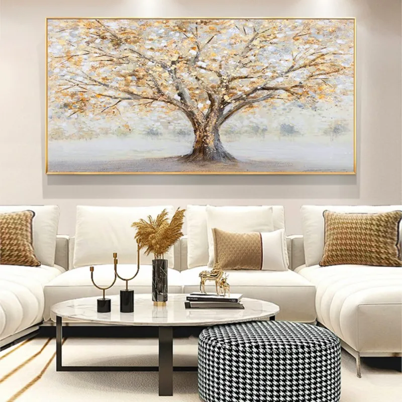 

Oil Painting Village Hand-Painted Abstract Pachira Macrocarpa Living Room Decorative Modern Light Luxury Sofa Wall