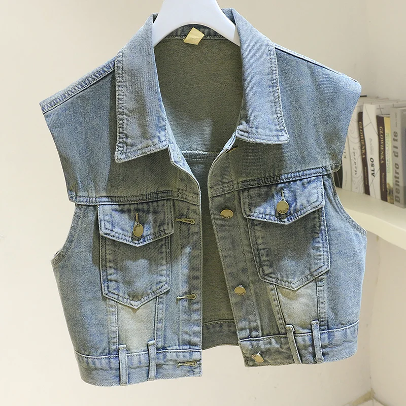 

Vintage Light Blue Big Pocket Denim Vests Women Waistcoat Casual Cowboy Sleeveless Jacket Coat Loose Short Jeans Vests Female