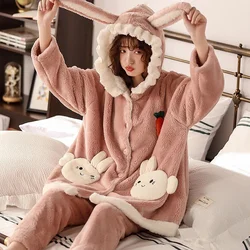 Autumn and Winter Rabbit Ears Pajamas Female Students Cute Velvet Super Sweet Pajamas Set Sleep Tops Robe Sets Sleepwear Women