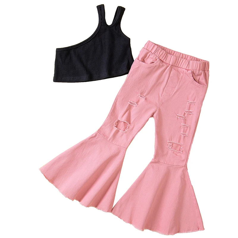 

2Piece Summer Outfit Baby Girls Clothes Fashion Black Cotton Sleeveless Tops+Hole Denim Flare Pants Kids Clothing Sets BC671
